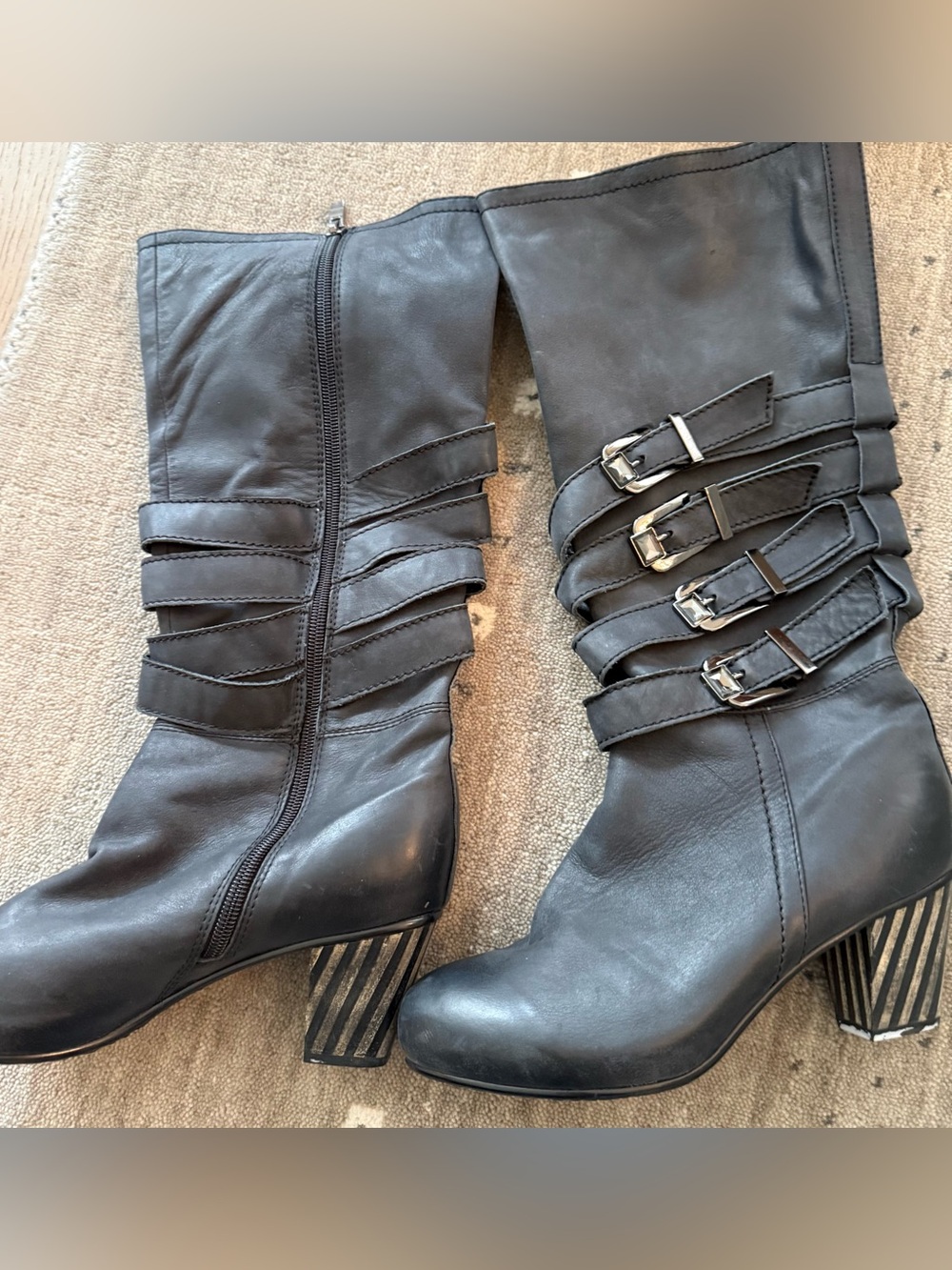 Genuine Nubuck Leather Mid-Calf Boots with Buckle Straps